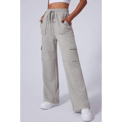 Light Grey Multi Pockets Lace-up High Waist Wide Leg Workout Pants