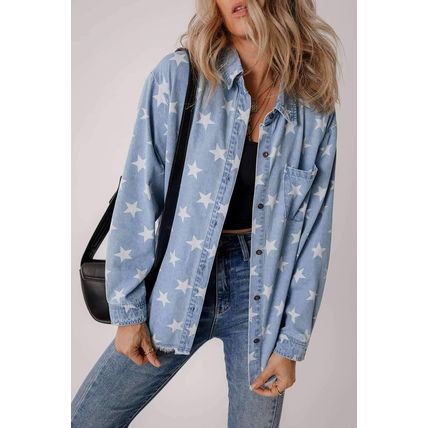 Sky Blue Star Print Light Wash Raw Hem Denim Jacket