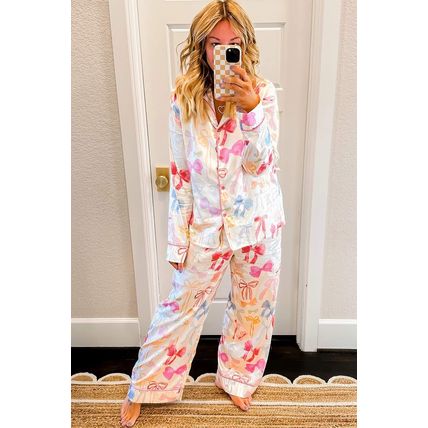White Bow Knot Print Lapel Collar Wide Leg Satin Pajama Set