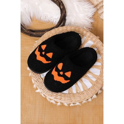 Black Halloween Pumpkin Face Graphic Plush Slippers