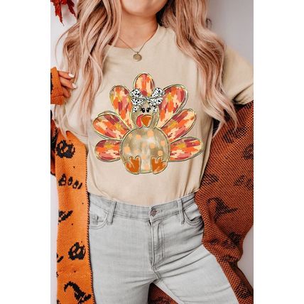 Khaki Thanksgiving Bowknot Turkey Graphic Crewneck Tee