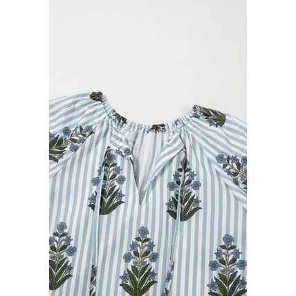 Beau Blue Striped Floral Printed Long Sleeve Tied V Neck Blouse