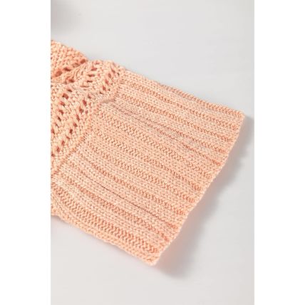 Apricot Pink Hollowed Knit 3/4 Dolman Sleeve Buttoned Collared Sweater