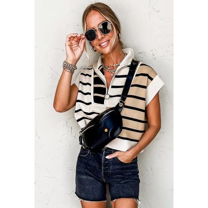 Black Stripe Colorblock Quarter Zip Collar Sweater Vest