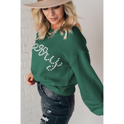 Blackish Green Pearl Beaded Merry Casual Sweater