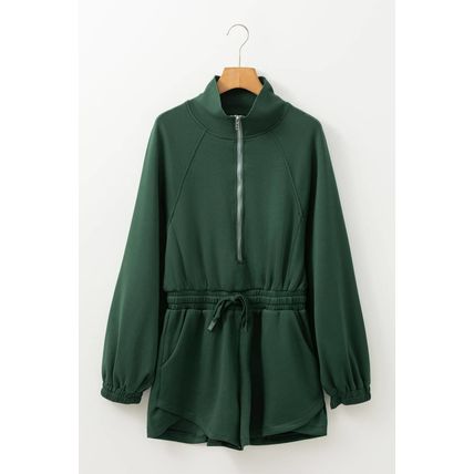 Blackish Green Collared Half Zip French Terry Knit Drawstring Casual Romper