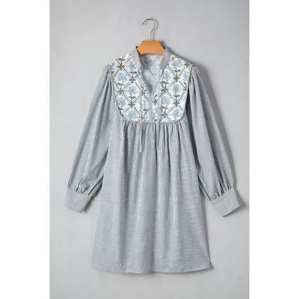 Black Stripe Floral Patchwork Tied V Neck Shift Long Sleeve Mini Dress