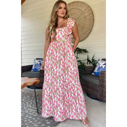 Pink Plus Size Ruffle Trim Square Neck High Waist Floral Maxi Dress