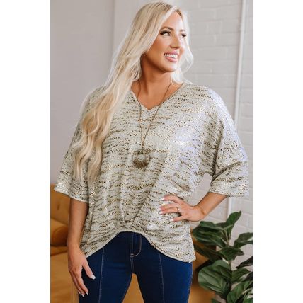 Gray Leopard Print Half Sleeve V Neck Loose Fit T Shirt