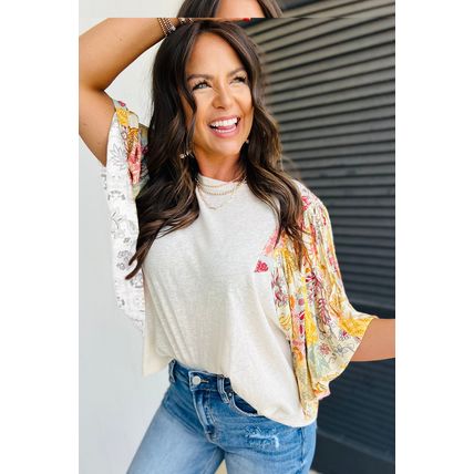 Beige Floral Patchwork Half Batwing Sleeve Blouse