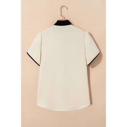 White Bow Knot Neckline Contrast Stripe Short Sleeve Blouse