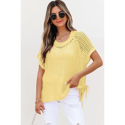 Yellow Cream Hollow-out Crochet Side Tied Short Sleeve Sweater