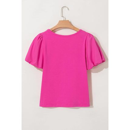Strawberry Pink Casual Round Neck Bubble Sleeve T-shirt