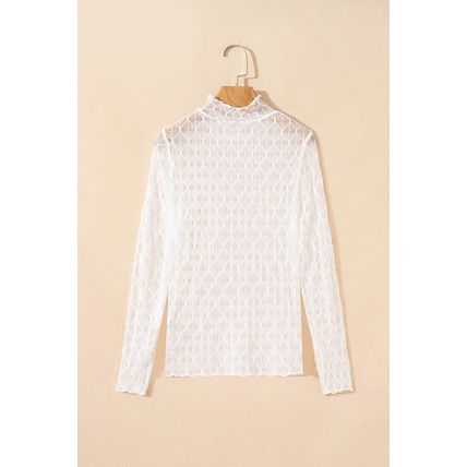 Beige Sheer Mesh Patterned Lettuce Trim Slim Long Sleeve Top