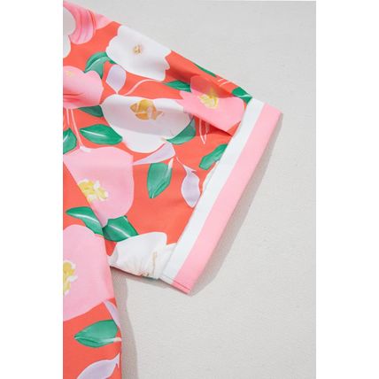 Fresh Salmon Floral Print Contrast Striped Trim Polo Collar T Shirt Dress