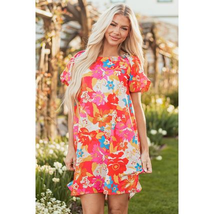 Pink Floral Print Bubble Short Sleeve Dress