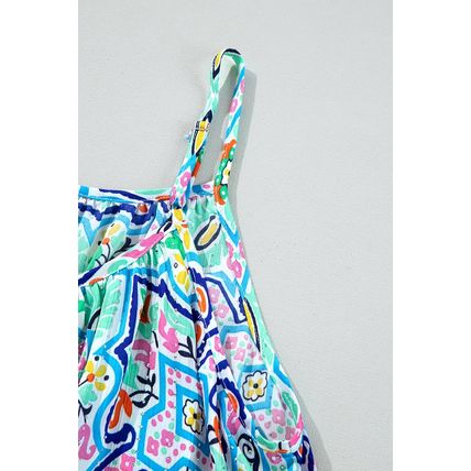 White Rhinestone Boho Floral Printed Spaghetti Strap Tank Top
