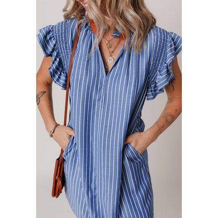 Sky Blue Stripe Frilly Split Neck Shirred Ruffle Sleeve Short Shift Dress