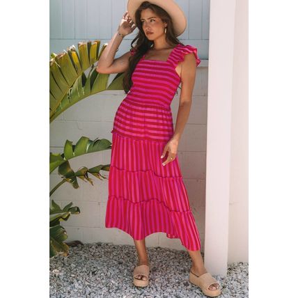 Rose Stripe Flutter Sleeve Smocked Bodice Tiered Maxi Dress