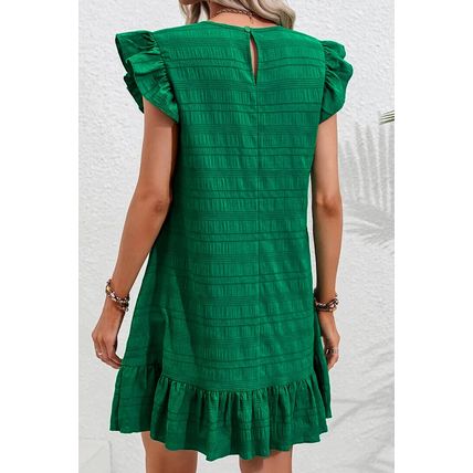 Dark Green Textured Flutter Sleeve Ruffled Mini Dress