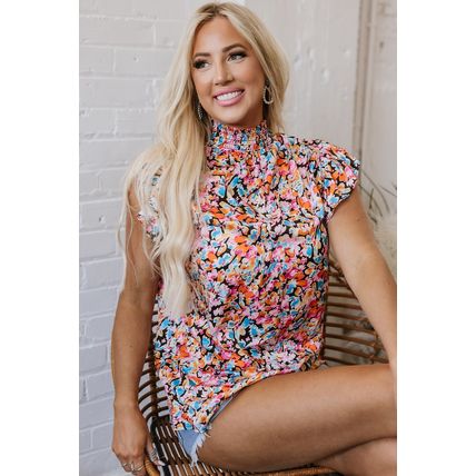 Orange Floral Print Flutter Sleeve Blouse Top