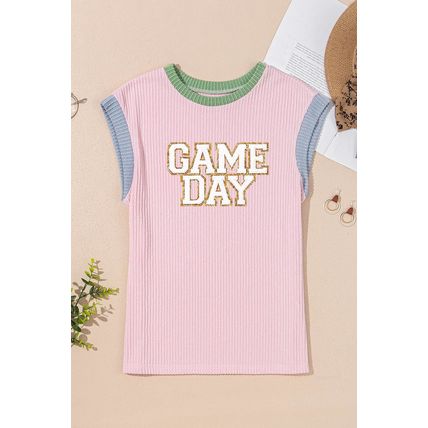 Pink Sequin GAME DAY Graphic Corded Rib Knit Colorblock T Shirt