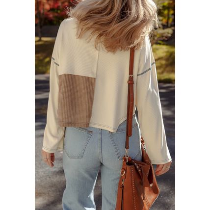 Beige Color Block Waffle Knit Stitch Detail Long Sleeve Top