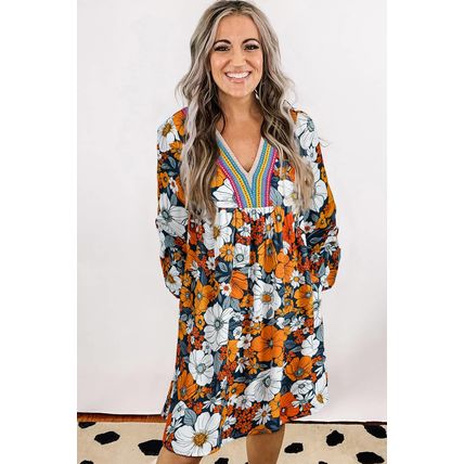 Orange Floral Print Striped Lace V Neck Long Sleeve Mini Dress
