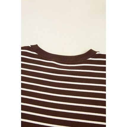 Brown Stripe Ribbed Cropped Crew Neck Long Sleeve T Shirt