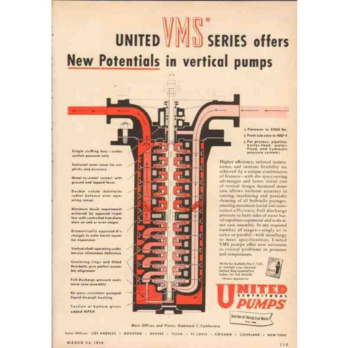 united iron works inc 1950 vms vertical centrifugal pumps vintage ad