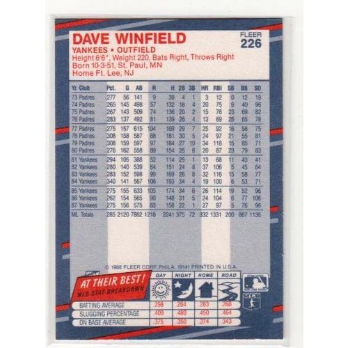 1988 Fleer baseball Dave Winfield card #229 - NM - HOF-Yankees