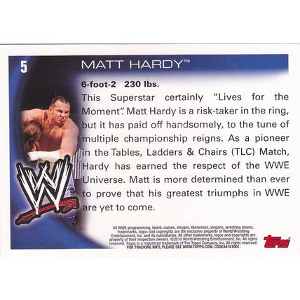 Matt Hardy #5 - WWE 2010 Topps Wrestling Trading Card