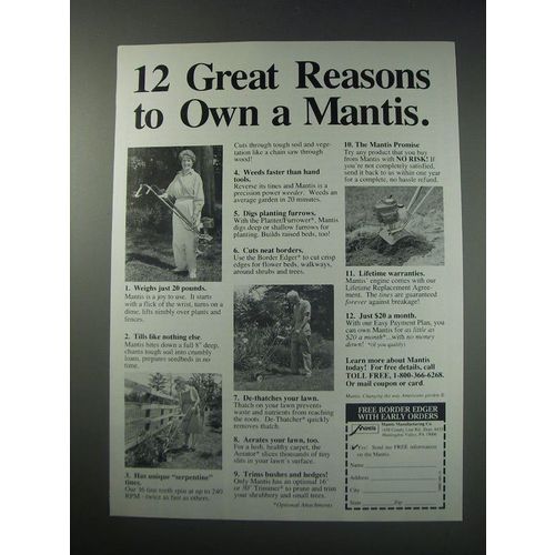 1991 Mantis Tiller Ad - 12 great reasons to own a Mantis