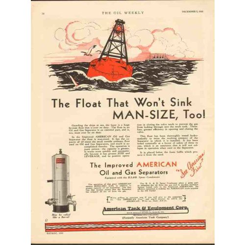 AMERICAN TANK EQUIPMENT CO 1930 float wont sink separator vintage ad