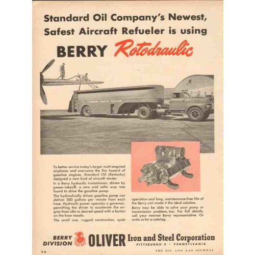 OLIVER IRON STEEL CORP 1953 Berry Rotodraulic aircraft fuel vintage ad