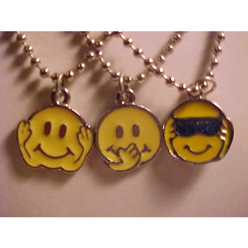 Smile Face Necklace Triple Necklace Hear See Speak No Evil Ball Chains 16" SET 3