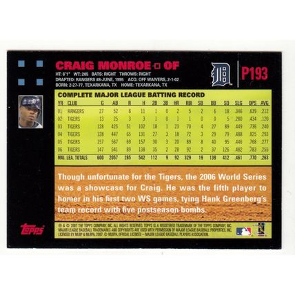 2007 Topps Pepsi baseball card P193 Craig Monroe