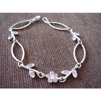 Vintage Bracelet Pink Crystal Flowers Silver-tone Retro Bangle