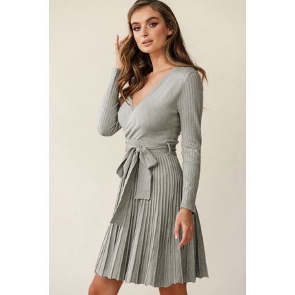 Gray Belted V Neck Ribbed Pleated Sweater Dress