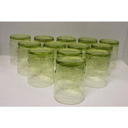 Set of 13 oval, green bubbled glass drinking glasses, 12 fluid oz capacity