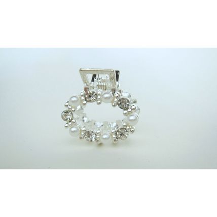 Small oval circle pearl crystal silver metal hair claw clip bridal clip