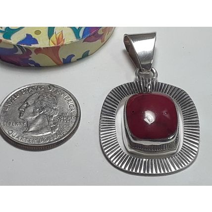 Estate Red Jasper Sterling Silver floating reflective frame Slide Pendant #19564