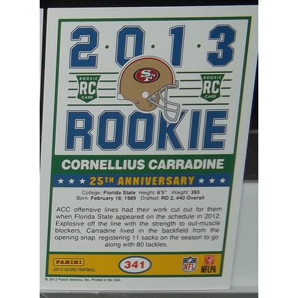 2013 Score CORNELLIUS CARRADINE (49ers) Rookie Card #341