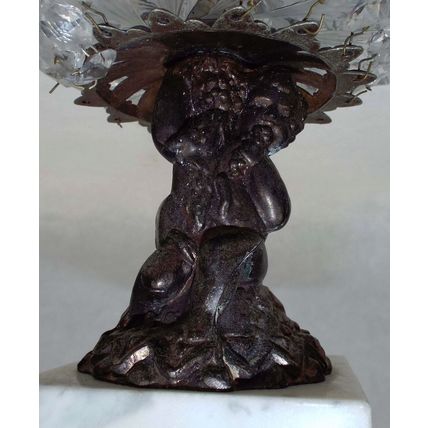 Vintage White Glass Ashtray Brass Base Cherub 40’s 50’s Hanging Crystals Marble