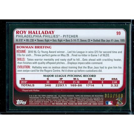 2011 Bowman Blue #99 Roy Halladay #/500