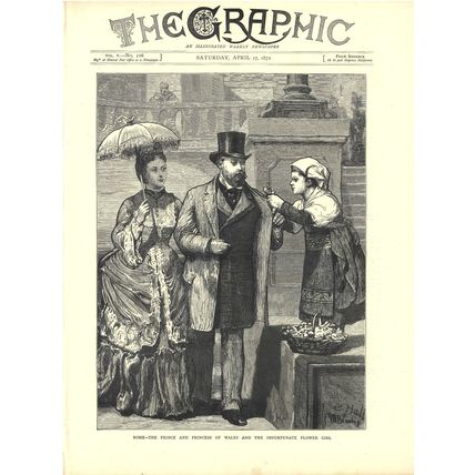ROME - THE PRINCE AND PRINCESS OF WALES - FLOWER GIRL 1872 VICTORIAN ENGRAVING