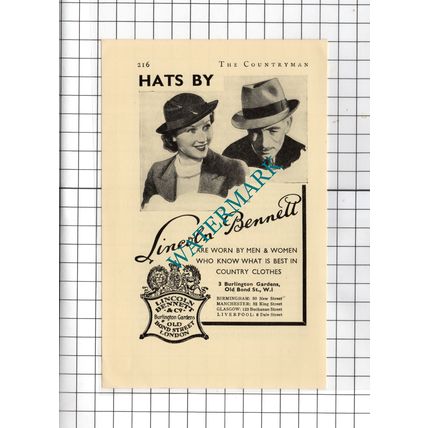 Lincoln Bennett & Co 3 Burlington Gardens London Hats - 1938 Small Advert