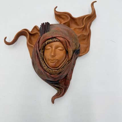 Folk Art Leather Face Wall Art Face Mask Women Shape Vintage Handmade