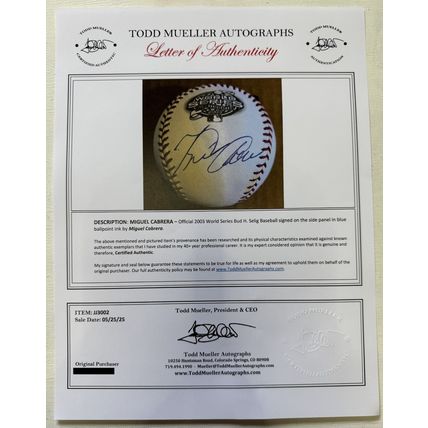 Miguel Cabrera Signed Autographed Official 2003 World Series Baseball