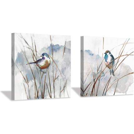 Abstract Picture Bird Wall Art: Animal Birds on Reed Watercolor Artwork Prints o
